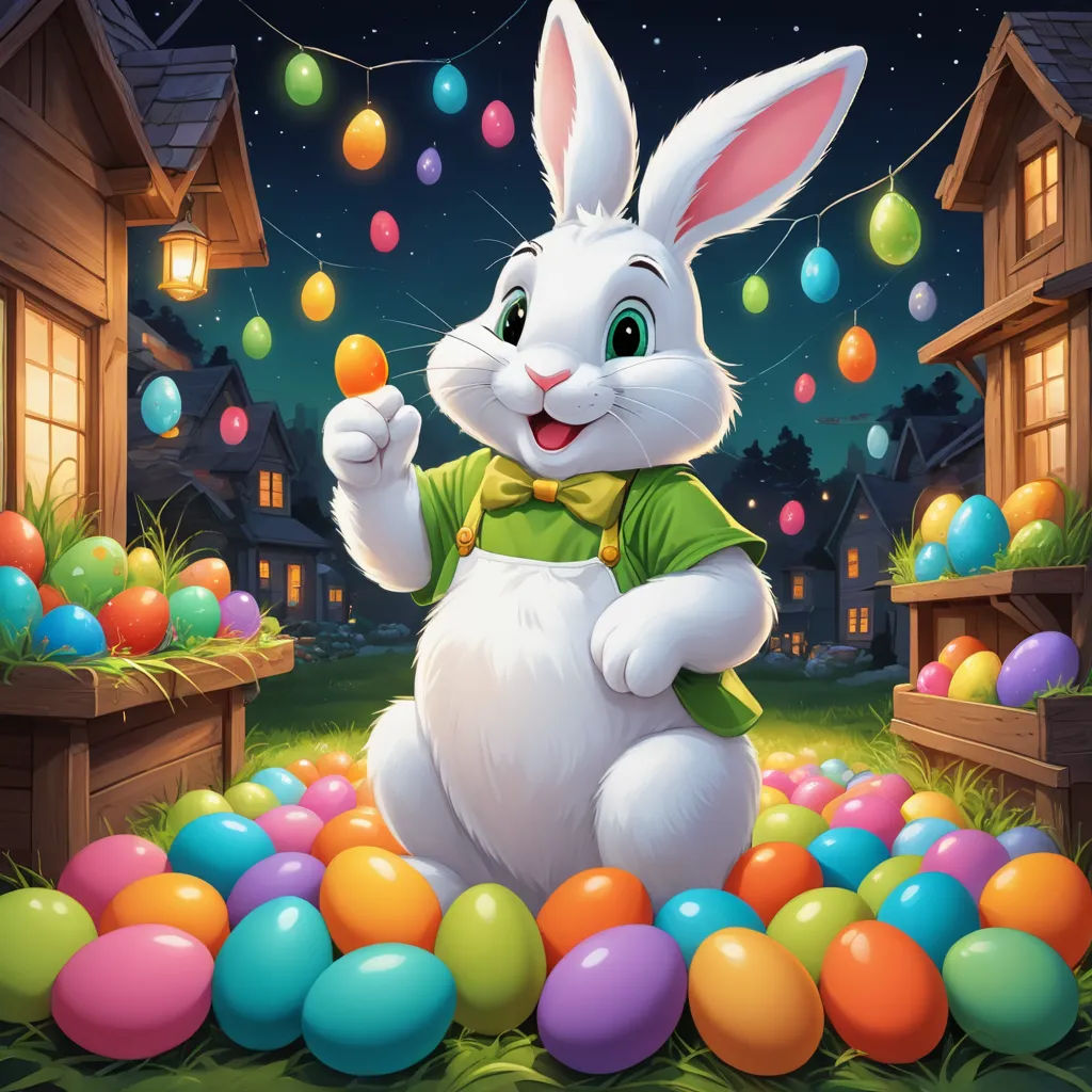 a white rabbit sitting in a field of eggs with a house in the background and a lot of balloons, furry art, a detailed painting, Anne Stokes, rossdraws global illumination