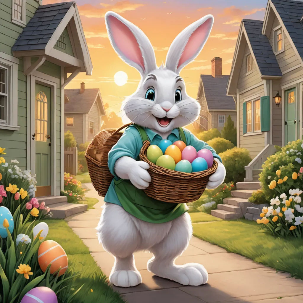 a white rabbit holding a basket of eggs in a neighborhood at sunset with a house in the background and a sunset sky, furry art, a digital rendering, Drew Struzan, official art