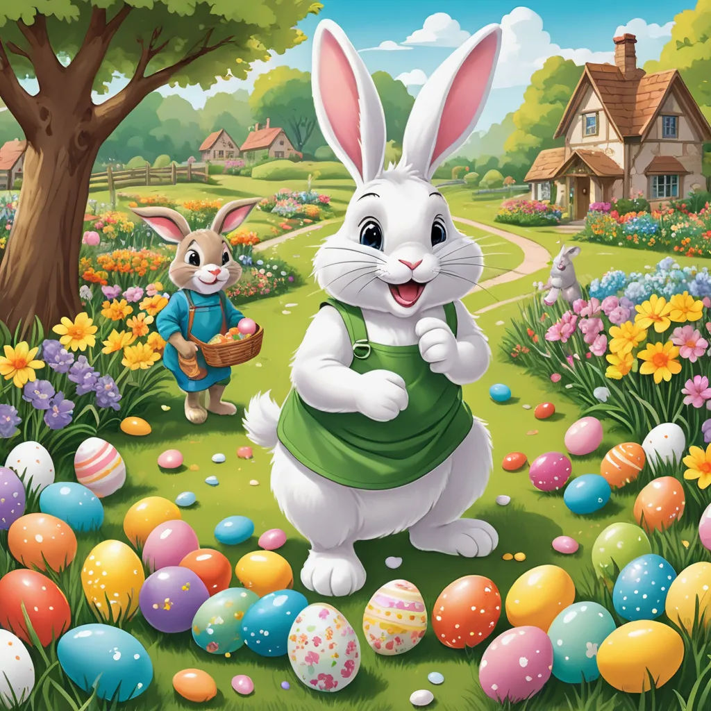 a cartoon bunny and a bunny rabbit are in a field of eggs and flowers with a house in the background, naive art, a storybook illustration, Beatrix Potter, official art