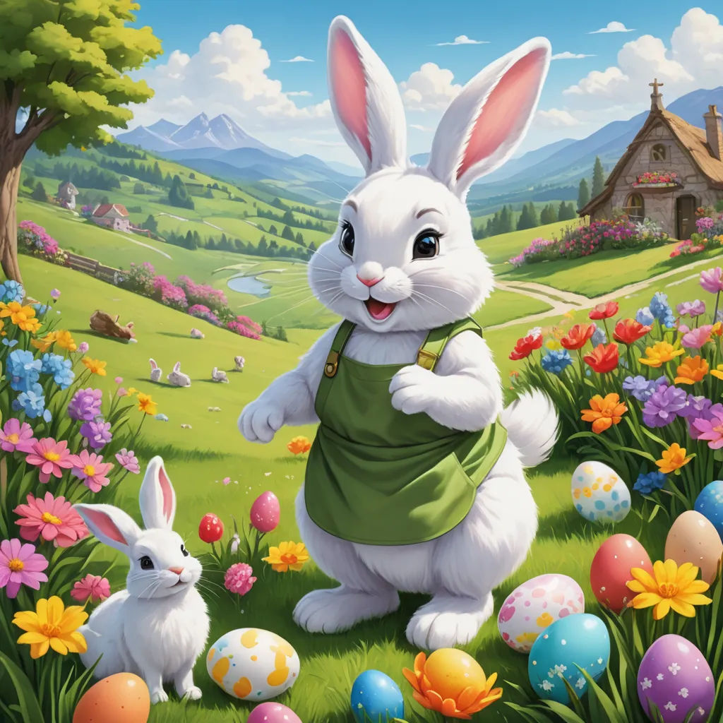 a painting of a bunny and her two baby rabbits in a field of flowers and grass with a church in the background, furry art, a storybook illustration, Drew Struzan, official art
