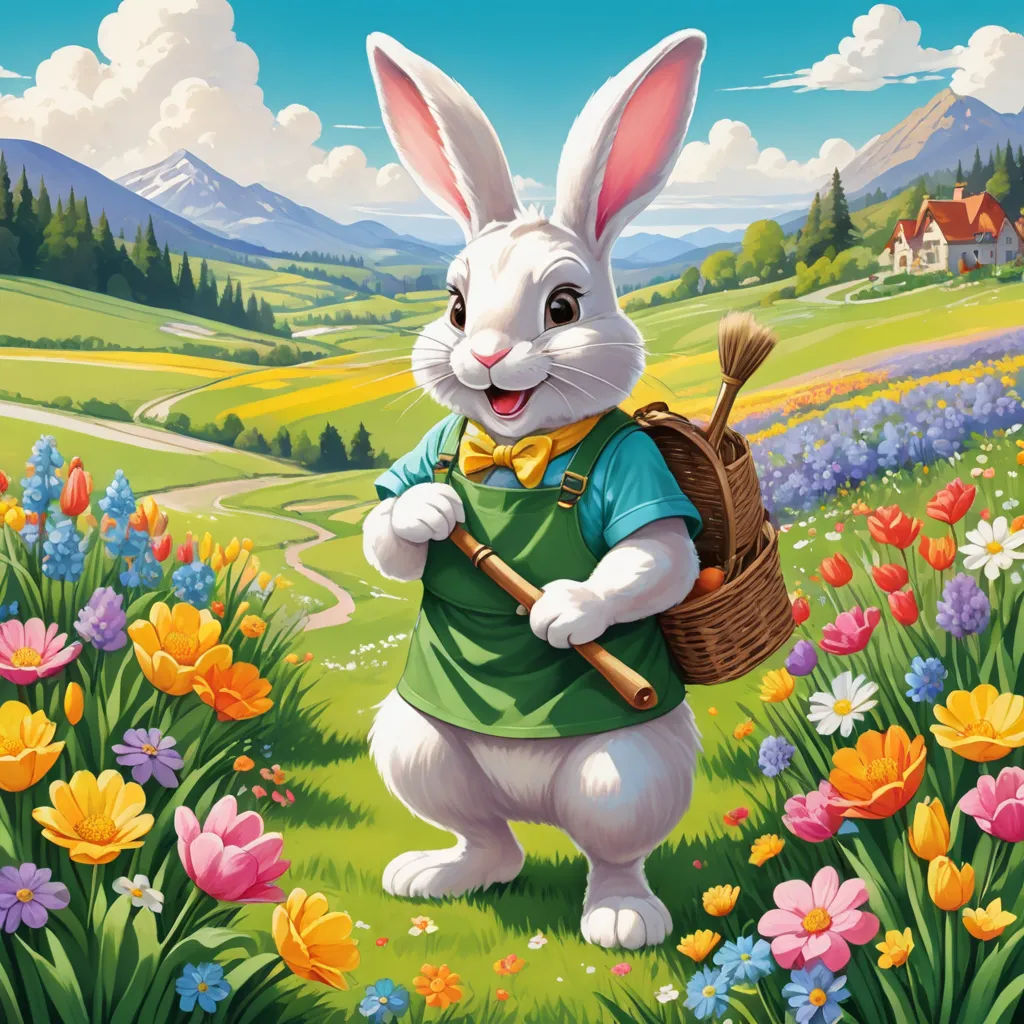 a rabbit with a basket in a field of flowers and a house in the background is a painting of a rabbit, naive art, a storybook illustration, Bob Byerley, official art