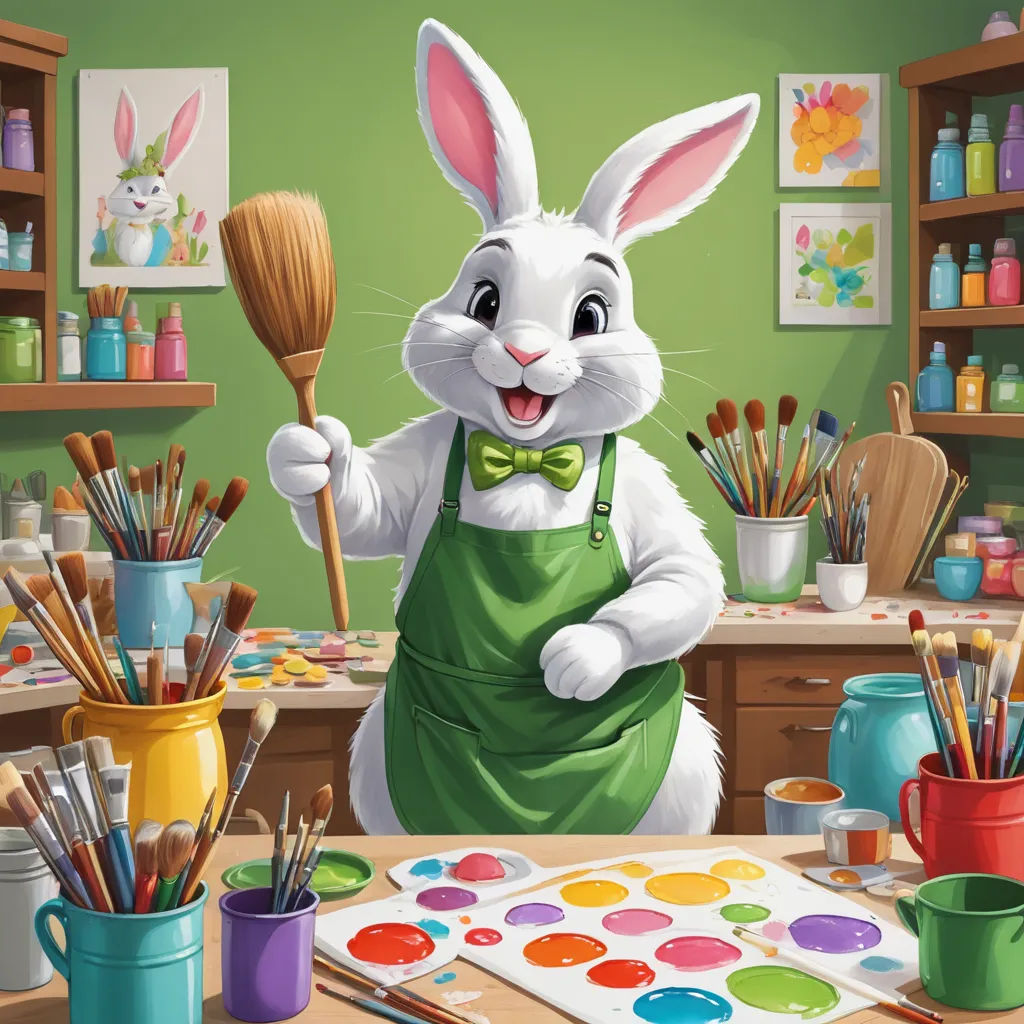 a painting of a bunny holding a paintbrush and a paint palette in a green room with a green wall, naive art, an airbrush painting, artist, professional digital painting
