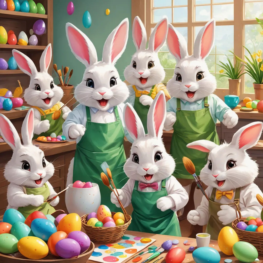 a group of rabbits dressed in green aprons and holding eggs in a kitchen with other rabbits in the background, furry art, a detailed painting, Drew Struzan, official art