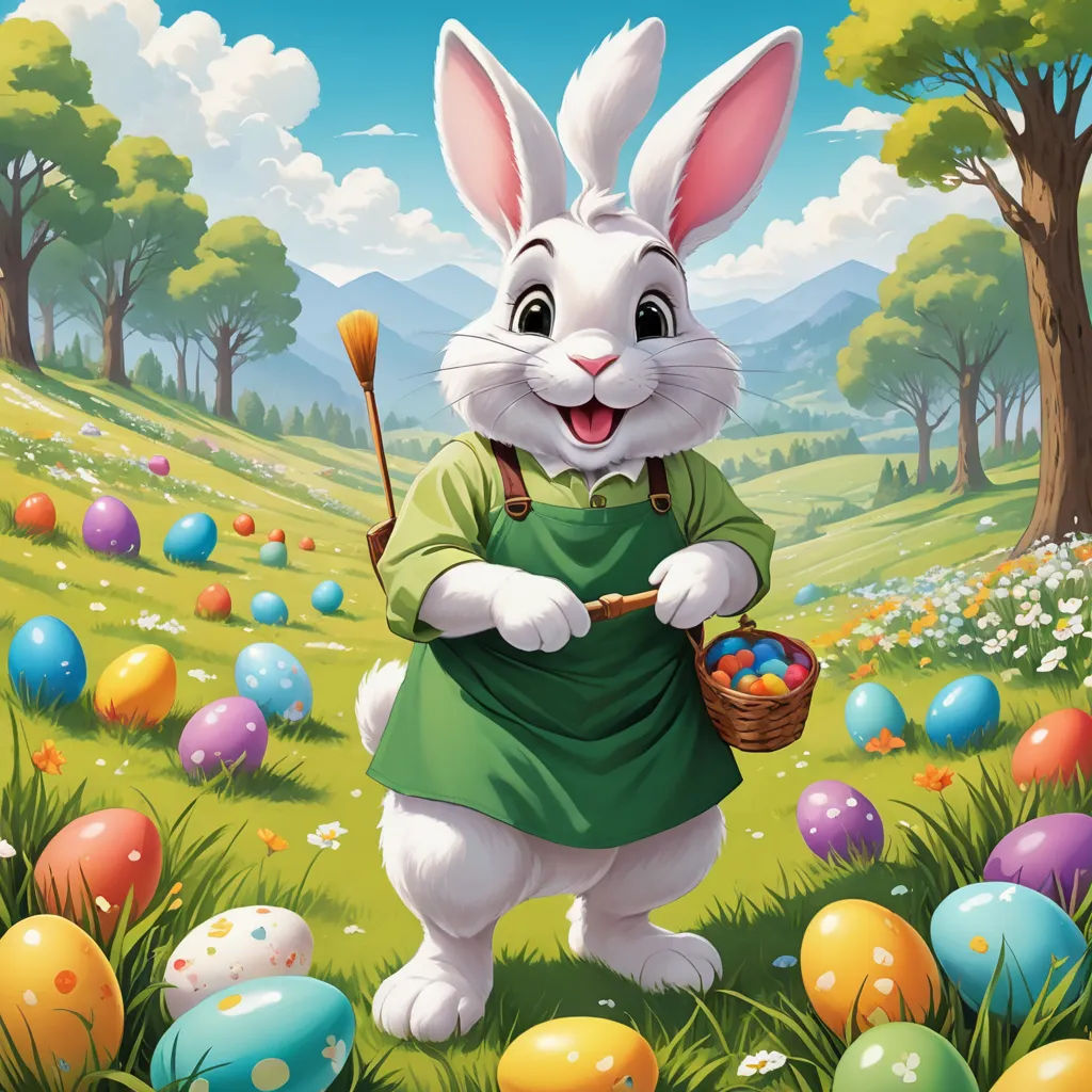 a cartoon bunny holding a basket of eggs in a field with trees and grass in the background, with a sky background, furry art, a storybook illustration, Drew Struzan, magic the gathering artwork