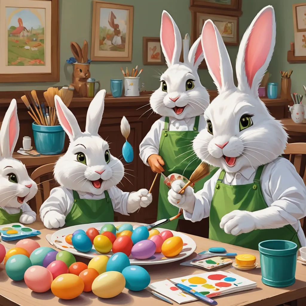 a painting of three rabbits painting a plate of eggs with a knife and fork and a plate of eggs with a spoon, naive art, a detailed painting, F Scott Hess, highly detailed digital painting