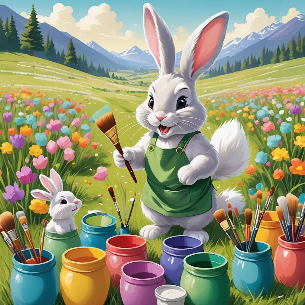 a painting of a bunny painting a bunny in a field of flowers with paint brushes and paint cans in front of it, furry art, an airbrush painting, Chris LaBrooy, official art