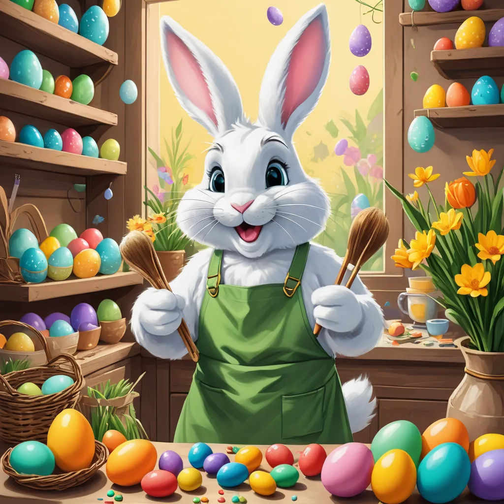 a cartoon bunny is holding a spatula in front of a table full of eggs and flowers and a basket of flowers, furry art, a detailed painting, Beatrix Potter, highly detailed digital painting