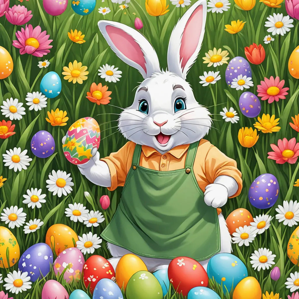 a bunny with an apron and eggs in the grass with flowers and daisies around it illustration for children, naive art, a digital rendering, Beatrix Potter, highly detailed digital art