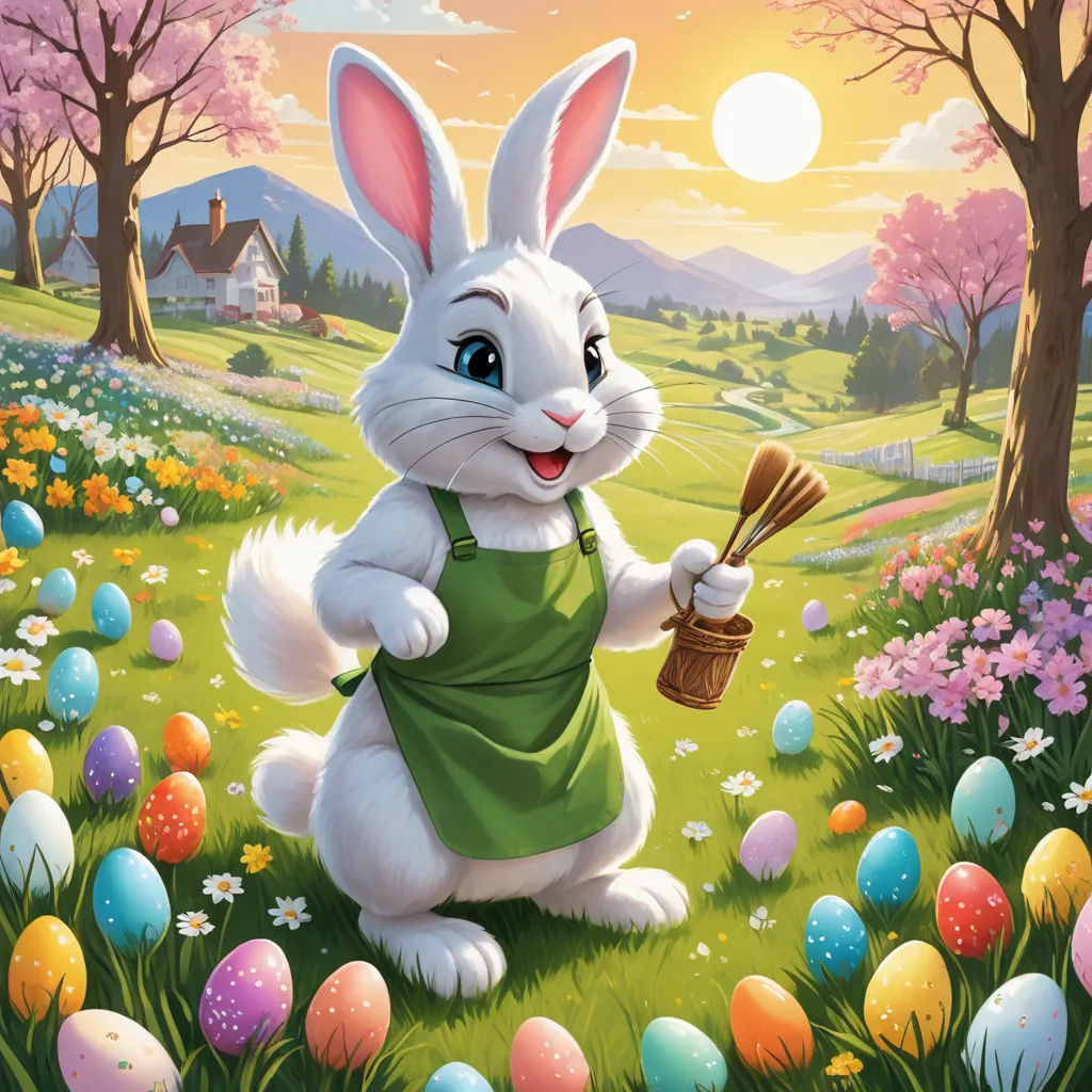 a painting of a bunny holding a basket of eggs in a field of flowers and trees with a sunset in the background, furry art, an airbrush painting, Drew Struzan, official art