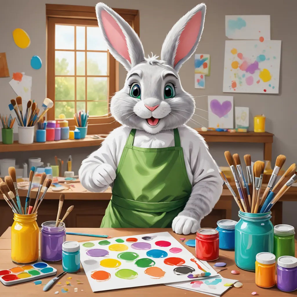 a cartoon bunny is painting a picture of a painting with paintbrushes and paint cans on the table, furry art, an airbrush painting, artist, professional digital painting