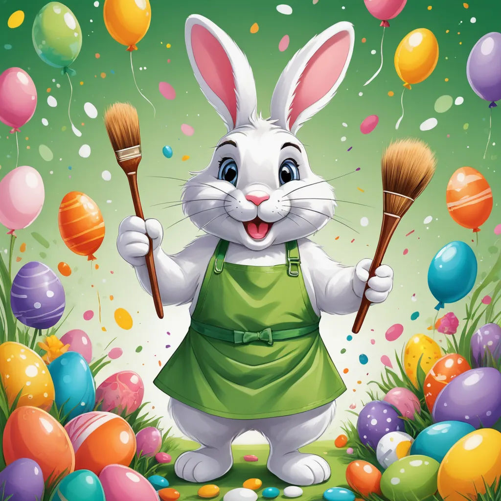 a bunny holding two brushes in front of a bunch of balloons and streamers of streamers with a green background, naive art, a digital rendering, Art Green, professional digital painting