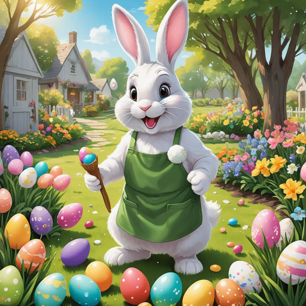 a painting of a bunny holding a stick in a garden with eggs and flowers around it, with a house in the background, furry art, a digital rendering, Drew Struzan, official art