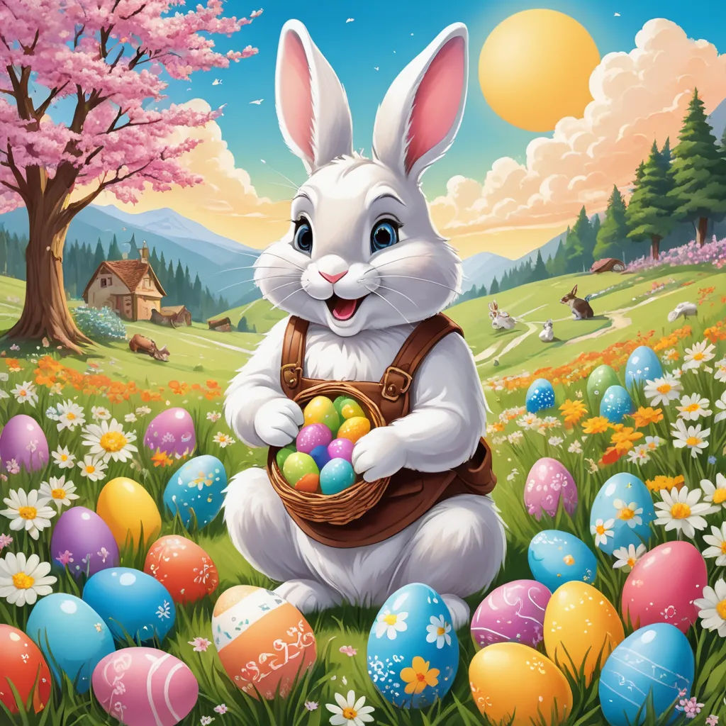 a bunny with a basket of eggs in a field of flowers and trees with a house in the background, furry art, a digital rendering, Drew Struzan, official art