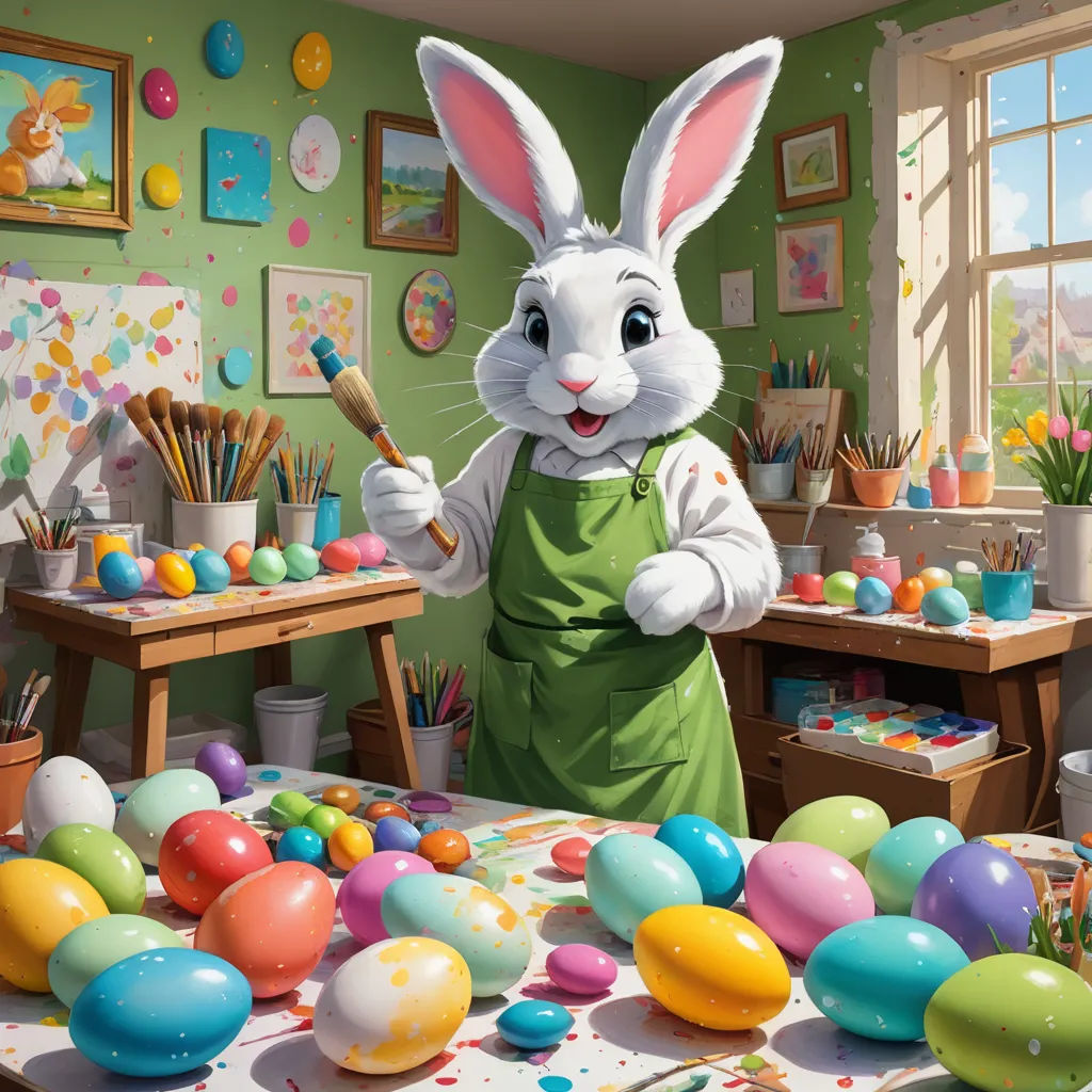 a painting of a bunny painting eggs in a room with a table full of paintbrushes and other items, naive art, an airbrush painting, Drew Struzan, highly detailed digital painting