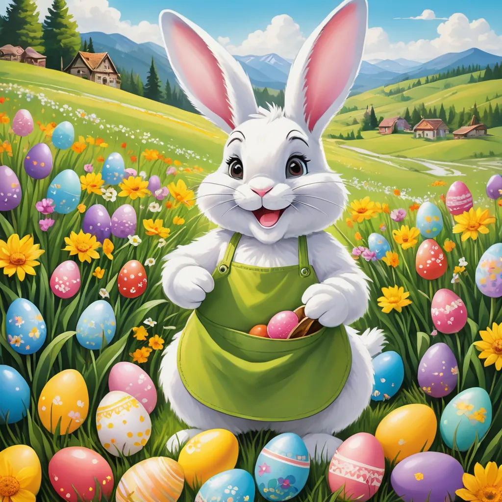 a painting of a bunny in a field of eggs with a house in the background and a field of flowers, furry art, a digital rendering, Drew Struzan, official art