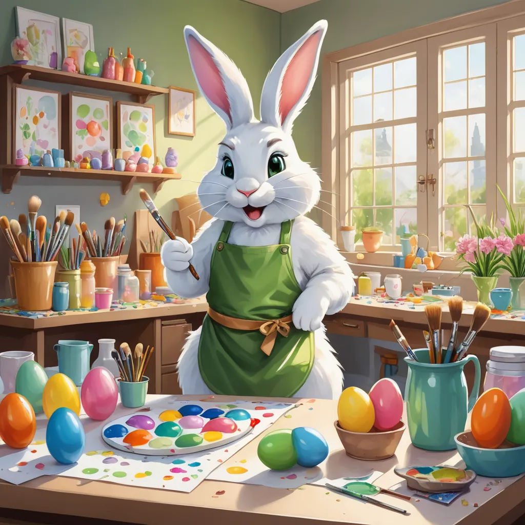 a painting of a bunny in a kitchen with eggs and paintbrushes on the table and a vase with flowers, naive art, a detailed painting, Beatrix Potter, professional digital painting