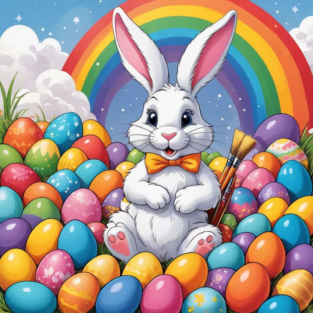 a bunny sitting in a pile of eggs with a rainbow in the background with a rainbow in the background, furry art, a digital rendering, Drew Struzan, highly detailed digital art