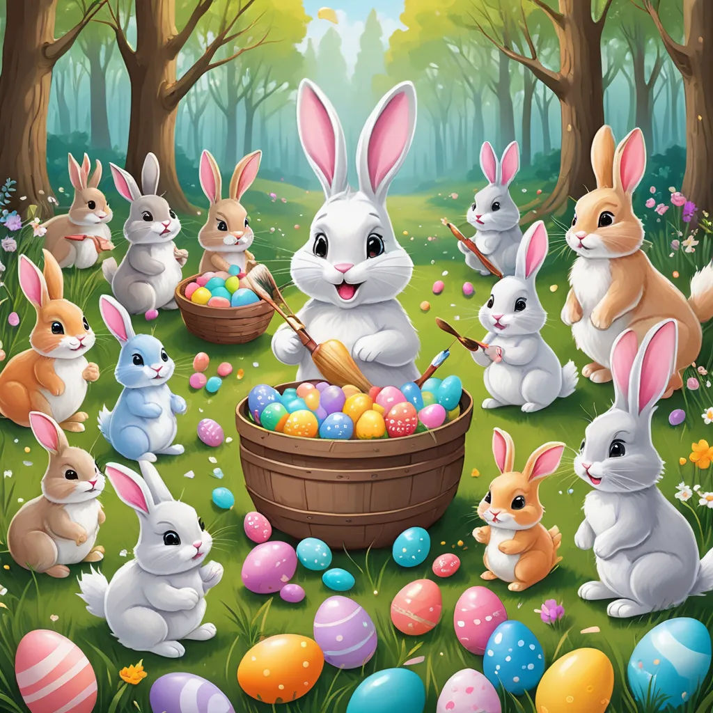 a painting of a group of rabbits with a basket of eggs in a forest with trees and eggs in the grass, furry art, a detailed painting, Beatrix Potter, highly detailed digital art