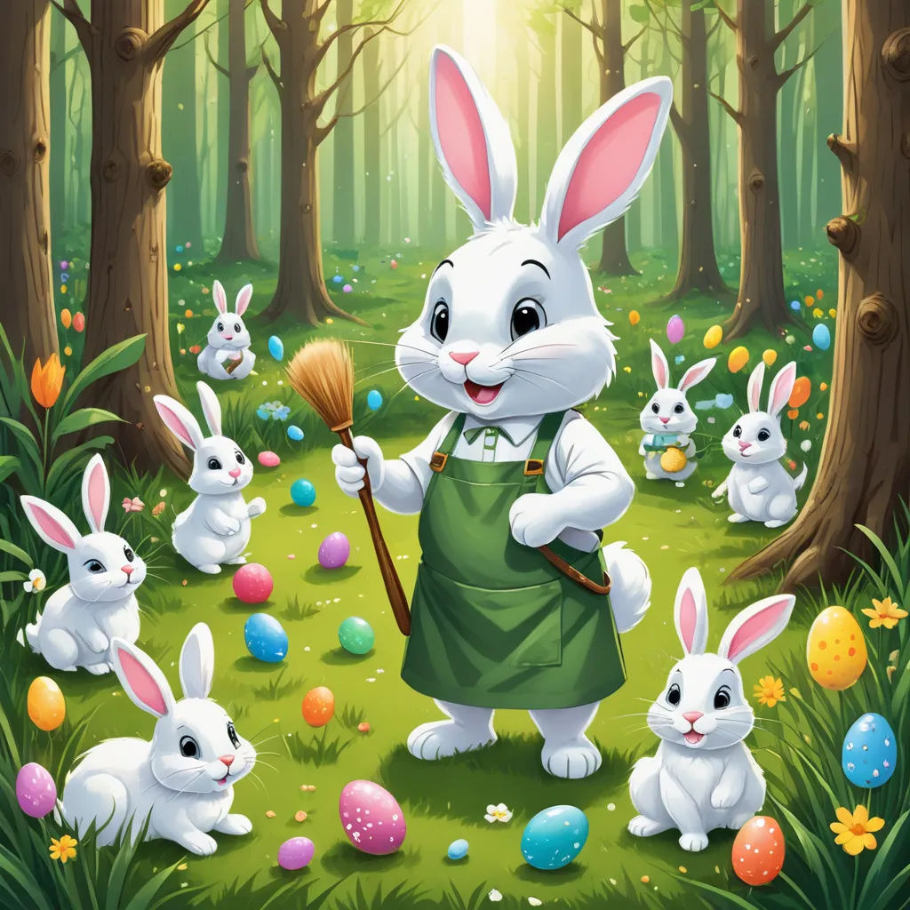 a cartoon bunny with a broom and many rabbits in the forest with eggs and grass and trees in the background, furry art, a storybook illustration, Beatrix Potter, official art