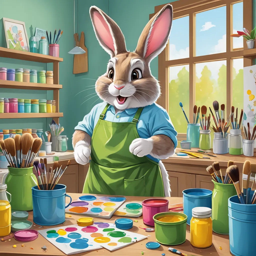 a rabbit is painting in a room with many paintbrushes and paints on the table and a window, american scene painting, a detailed painting, artist, professional digital painting