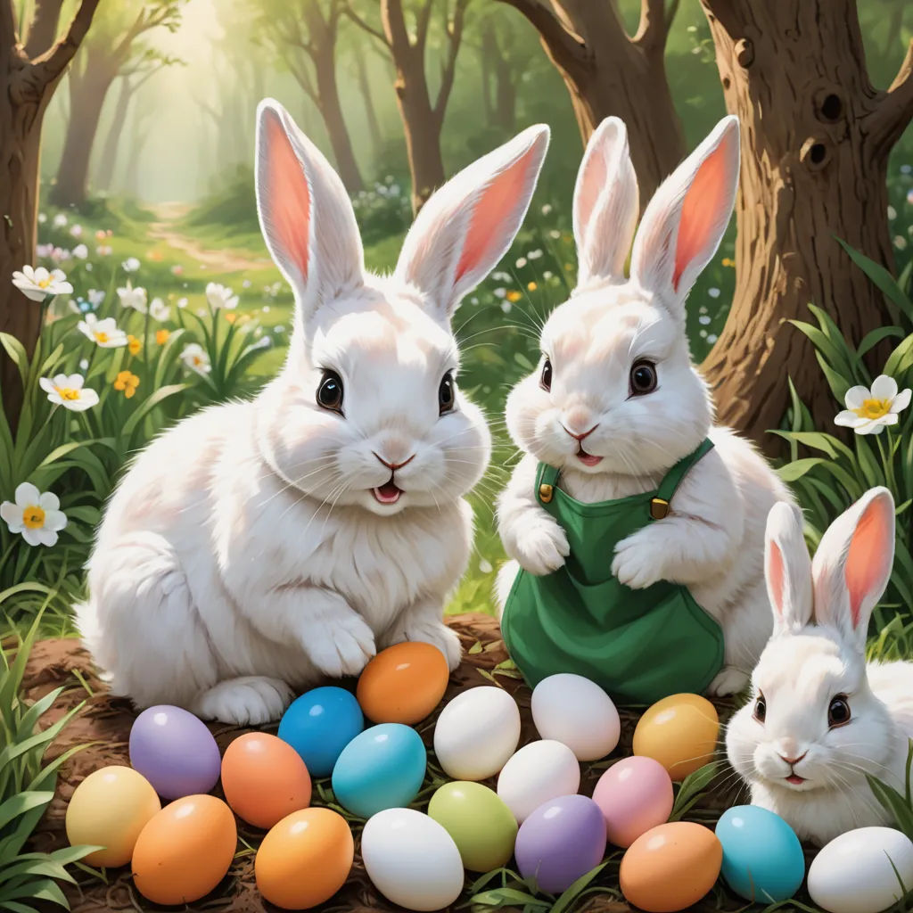 two white rabbits sitting next to each other in a field of eggs with trees in the background and flowers in the foreground, furry art, a detailed painting, Anne Stokes, official art