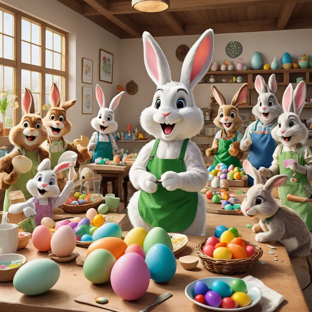 a group of rabbits in a kitchen with eggs and other decorations on the table and a table with a basket of eggs, furry art, a digital rendering, Chris LaBrooy, unreal engine 5 quality render