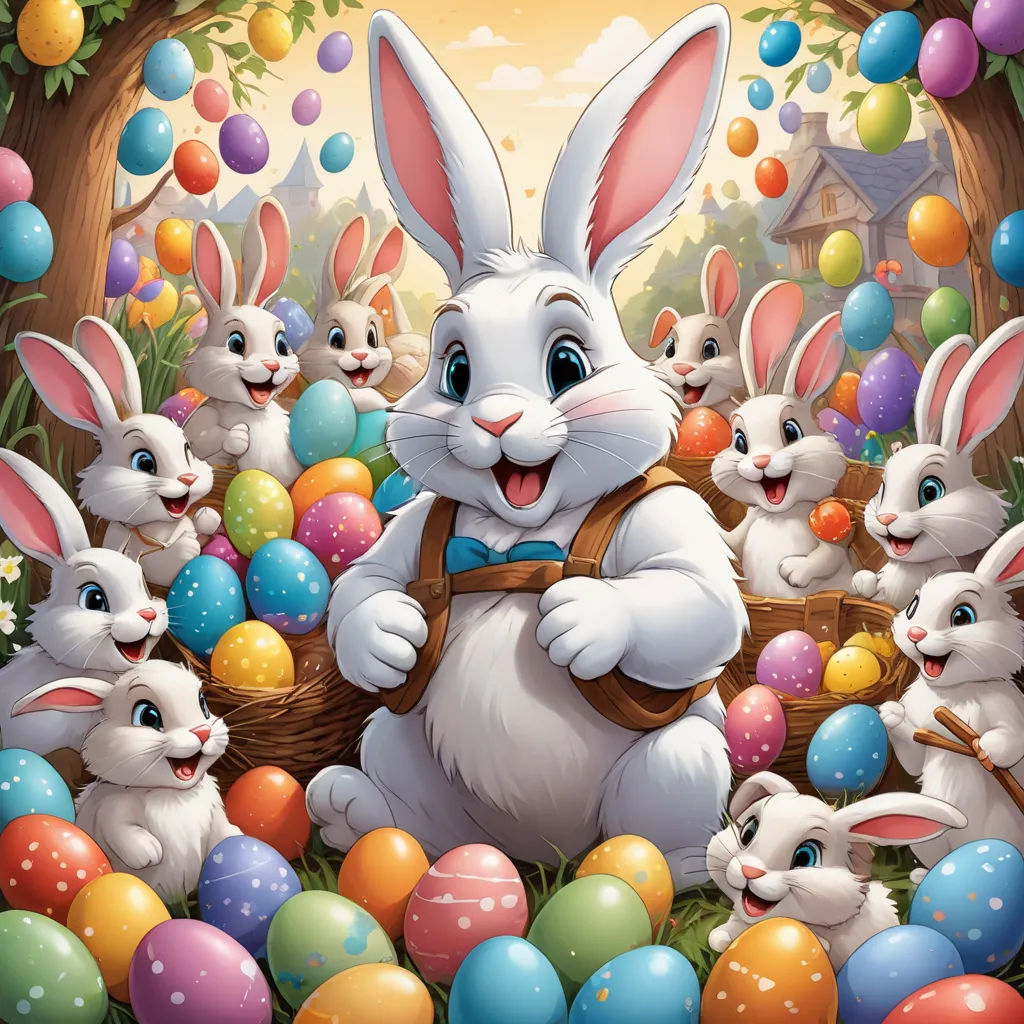 a group of rabbits with a basket of eggs in a forest with balloons and a house in the background, furry art, a digital rendering, Drew Struzan, official art