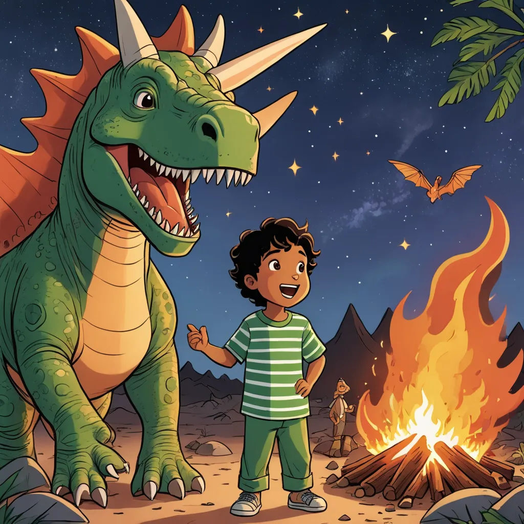 a boy and a dinosaur standing in front of a fire pit with a fire in the background and a bat flying overhead, space art, a storybook illustration, Adam Rex, storybook illustration