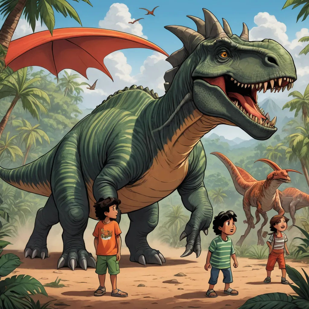 a group of children standing next to a dinosaur in a jungle setting with a large dinosaur in the background, fantasy art, a storybook illustration, Adam Rex, storybook illustration