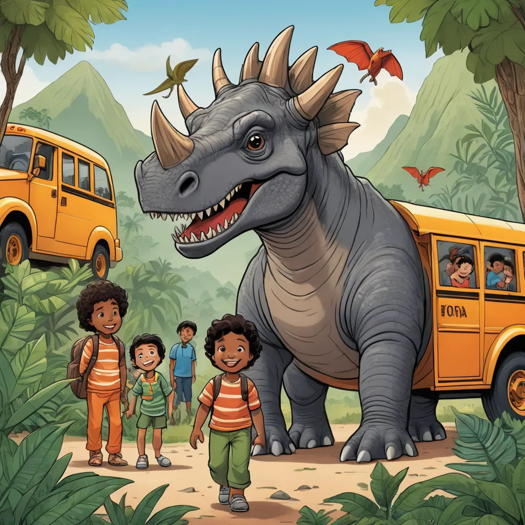 a dinosaur with a group of children standing in front of it and a bus in the background with a bus on the road, sumatraism, a storybook illustration, Adam Rex, storybook illustration