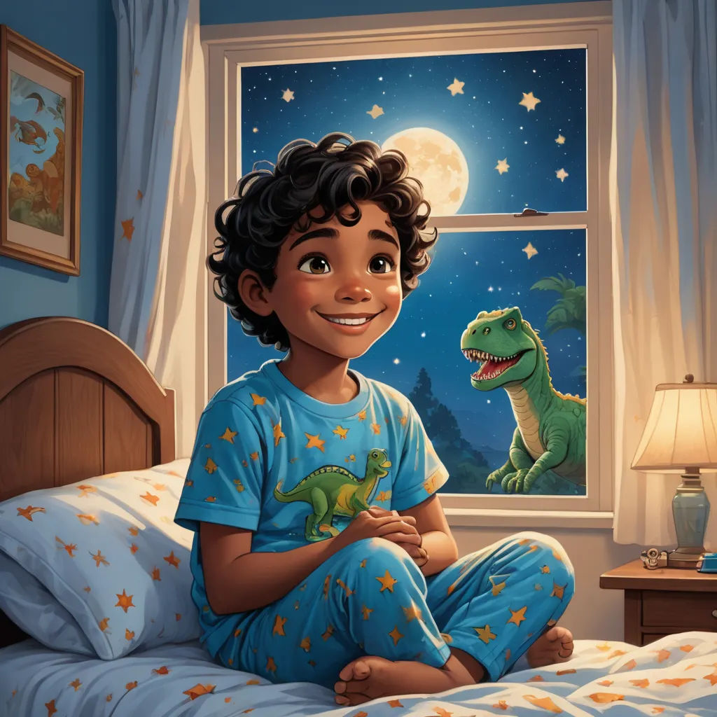 a boy in pajamas sitting on a bed next to a dinosaur in a bedroom with a window and a night sky, american scene painting, a storybook illustration, Adam Rex, storybook illustration