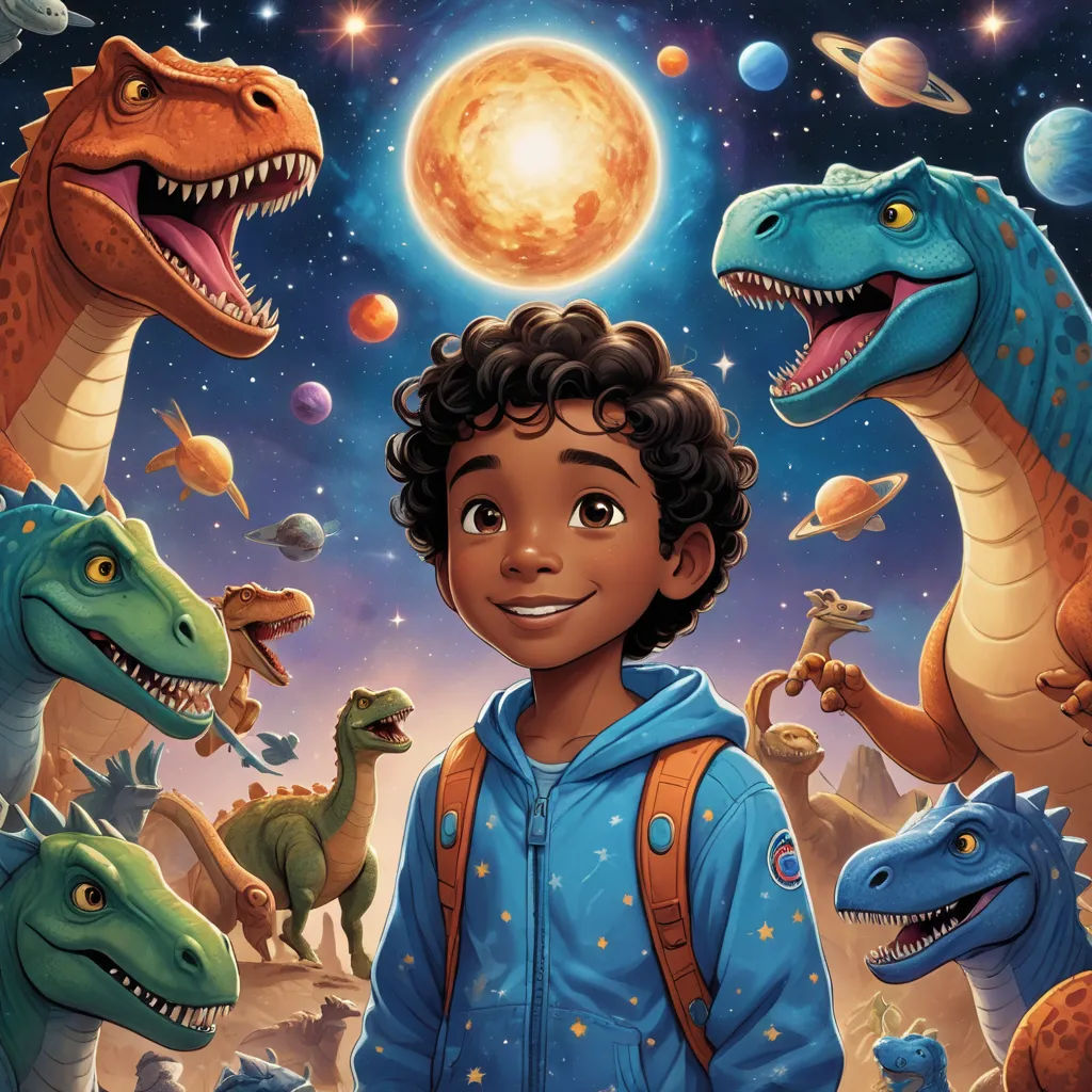a boy standing in front of a group of dinosaurs in the sky with a sun in the background and a planet in the background, space art, poster art, Adam Rex, promotional image
