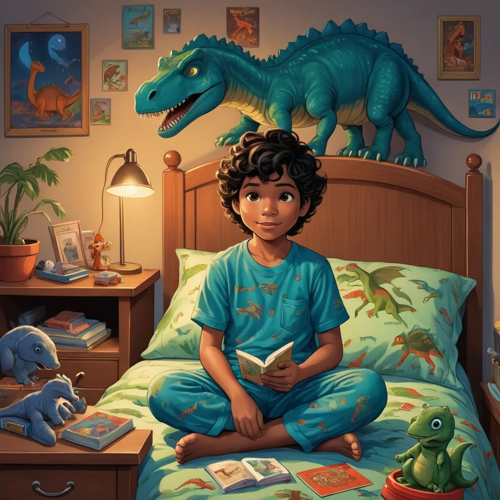 a boy sitting on a bed reading a book in front of a dinosaur statue on the wall above him, fantasy art, a storybook illustration, Adam Rex, storybook illustration