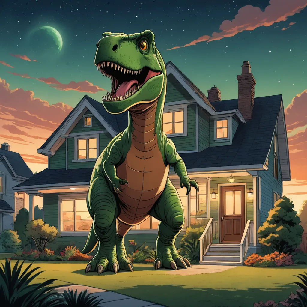a dinosaur in front of a house with a full moon in the background and a full moon in the sky, american scene painting, a storybook illustration, Adam Rex, rossdraws global illumination