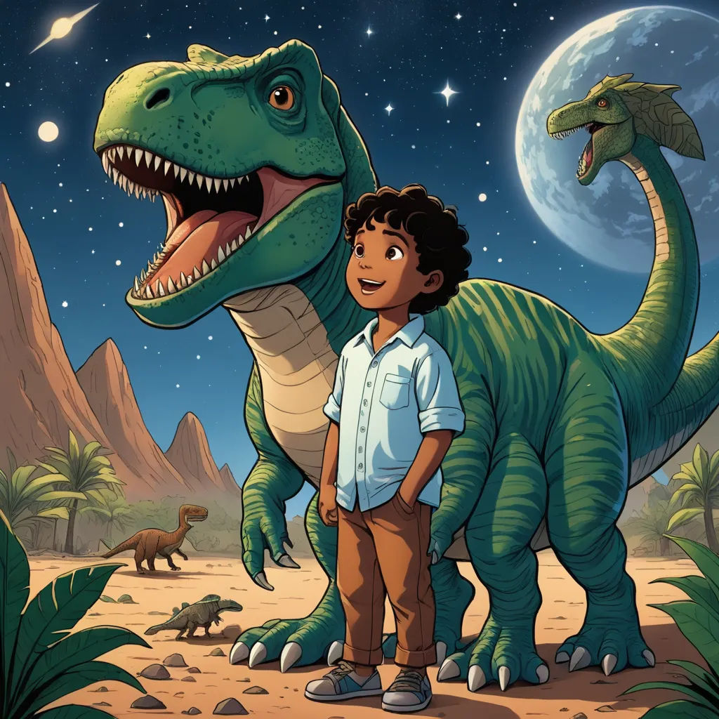 a boy standing next to a dinosaur in a desert area with a full moon in the background and a dinosaur in the foreground, process art, a storybook illustration, Adam Rex, comic cover art