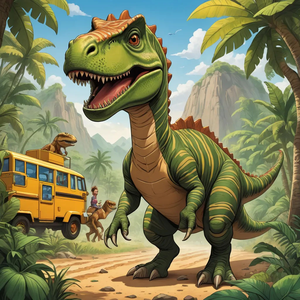a dinosaur and a bus in a jungle scene with mountains and trees in the background and a man on a horse, sots art, concept art, Adam Rex, official art