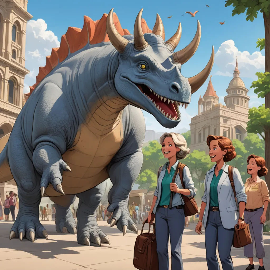 a group of people walking down a street next to a dinosaur statue in a city with a large building in the background, altermodern, a storybook illustration, Chris LaBrooy, ultra realistic illustration