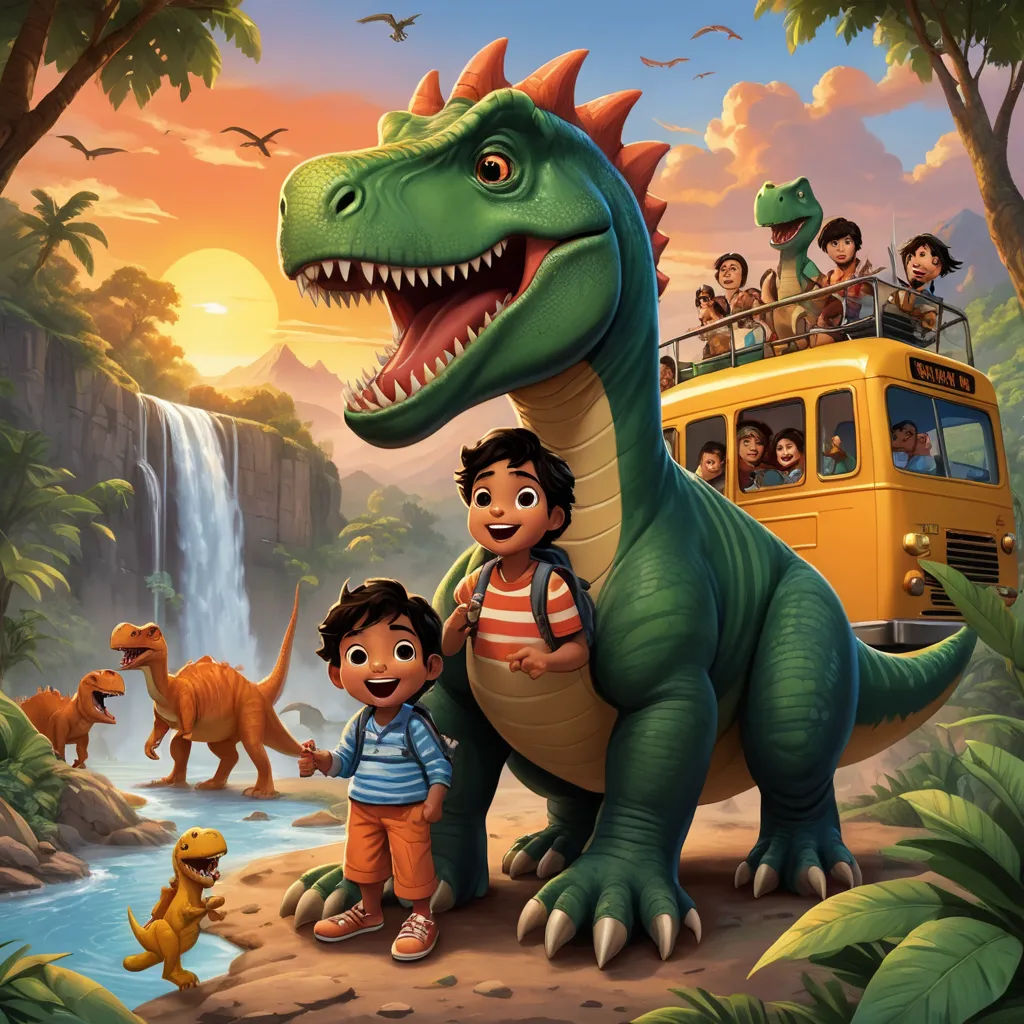 a boy and a boy are standing in front of a dinosaur with a bus in the background and a man and a boy are standing in front of the dinosaur, sots art, a storybook illustration, Adam Rex, promotional image