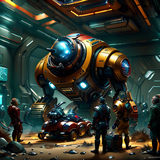 a group of people standing around a robot in a room with a car and a robot on the floor