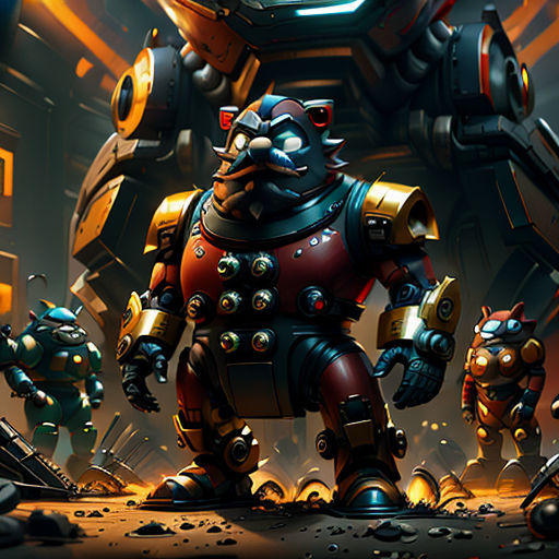 a group of cartoon characters standing in front of a giant robot with a huge head and two smaller robots behind them