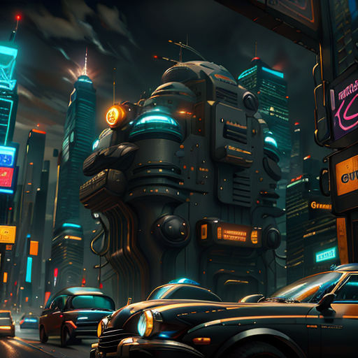 a futuristic city with a giant robot in the middle of the street at night time with neon lights and neon signs