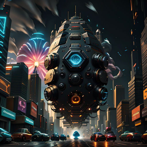 a futuristic city with a giant object in the middle of the street at night time with fireworks and fireworks