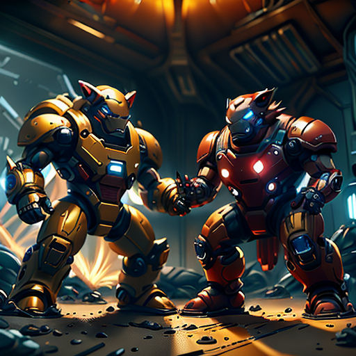 two robots are standing in a room with a clock on the wall and a man in a suit is holding hands