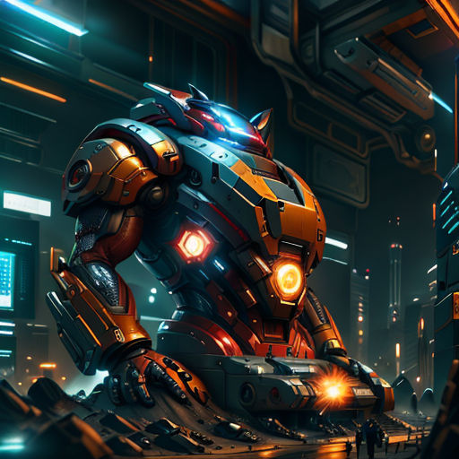 a sci - fi fi fi robot in a futuristic city at night with a man standing next to it