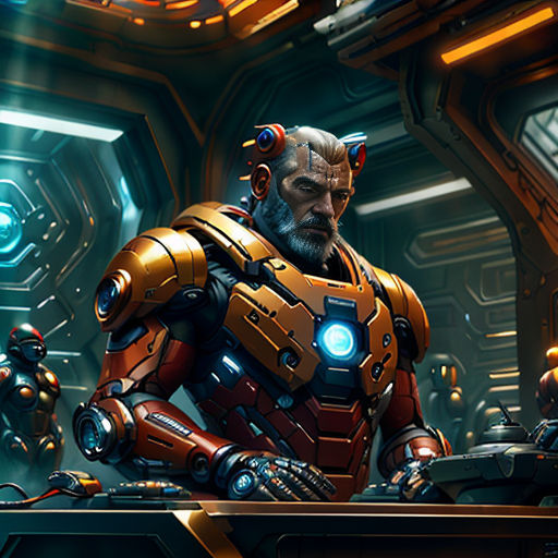 a man in a sci - fi fi suit standing in front of a table with a robot on it