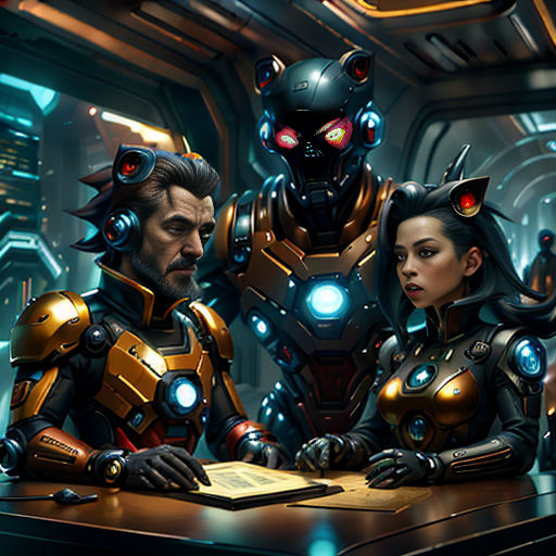 a man and a woman are sitting at a desk in a sci - fi setting with a robot suit on