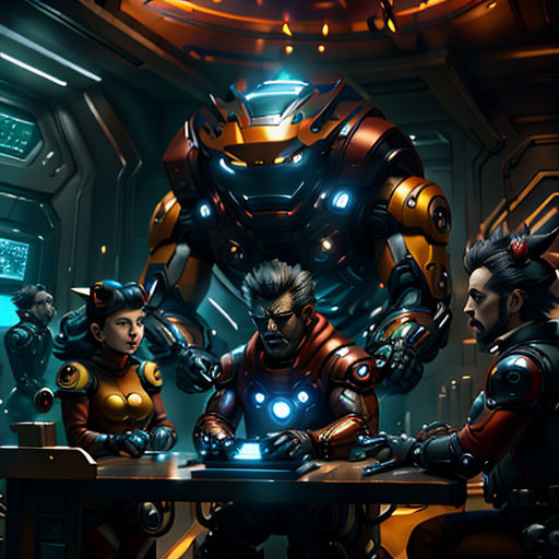 a group of people sitting around a table in a room with a robot in the background and a man in the middle