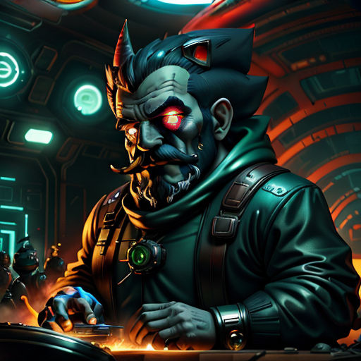 a man in a futuristic suit with a glowing eye and a demon head on his face, sitting at a desk