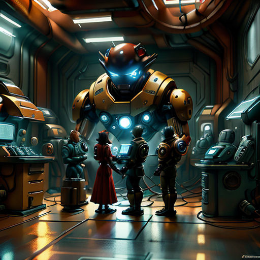 a group of people standing in a room with a robot in the background and a man in a red dress