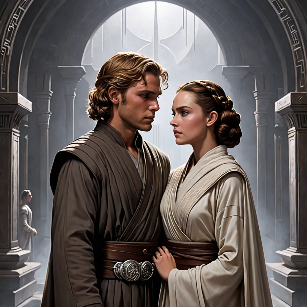 a painting of a man and a woman in a star wars scene with a sword in their hands and a man in a robe, romanticism, a renaissance painting, Drew Struzan, official art
